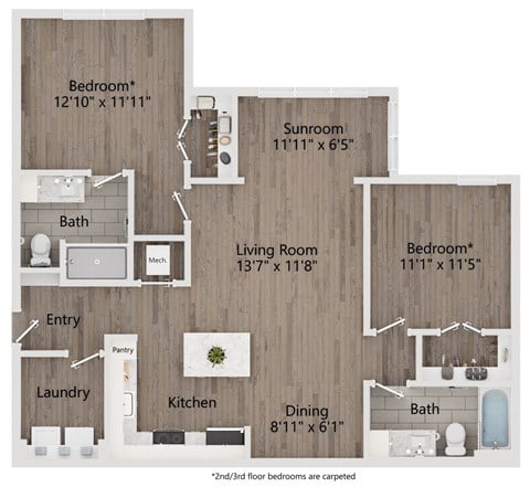 Floor plan for 2 beds, 2 baths, 1149 sqft